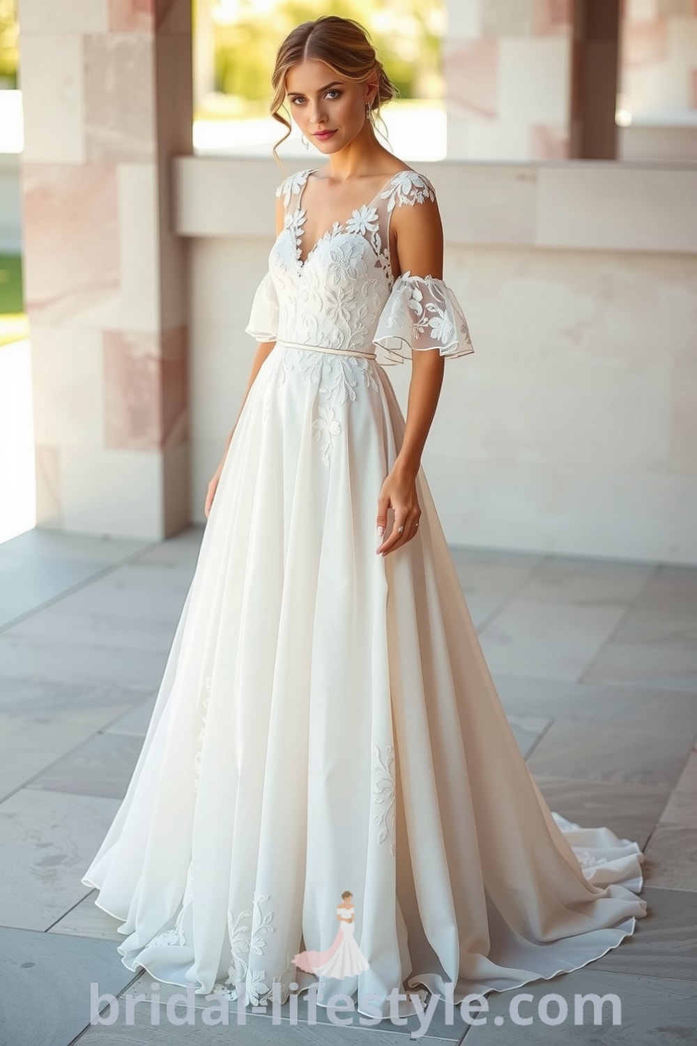 A boho wedding dress in flowing chiffon with intricate lace appliqués, featuring ruffled sleeves and a graceful silhouette, designed for a romantic outdoor wedding. bridal-lifestyle.com