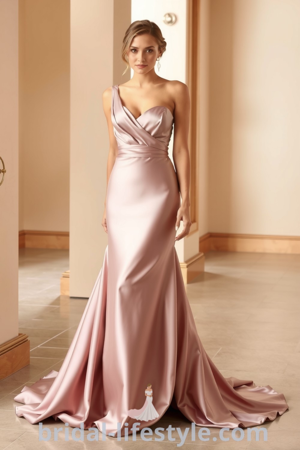 One-shoulder bridesmaids dress in luxurious satin with an asymmetrical neckline, delicate ruching, and a flowing skirt, embodying elegance and romantic style for every bride
