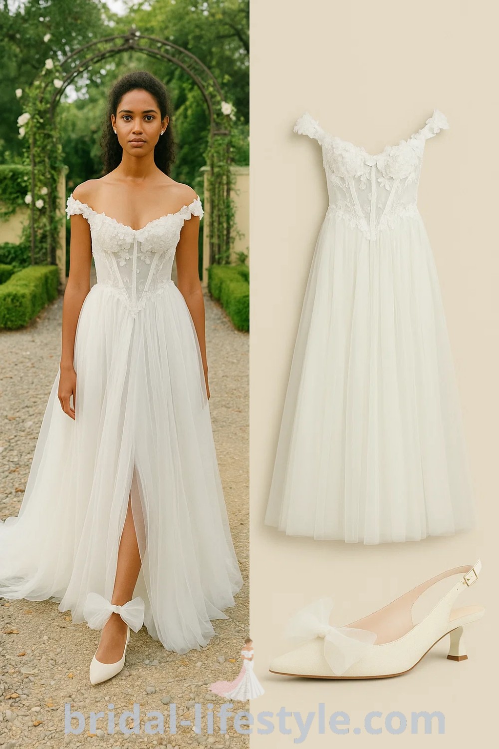 delicate A-Line Lace wedding dress featuring off-shoulder style and floral embellishments, paired with white slingback heels with bow detail, suitable for weddings and formal events, showcasing elegance and romance, found at pinshoesoutfits.com