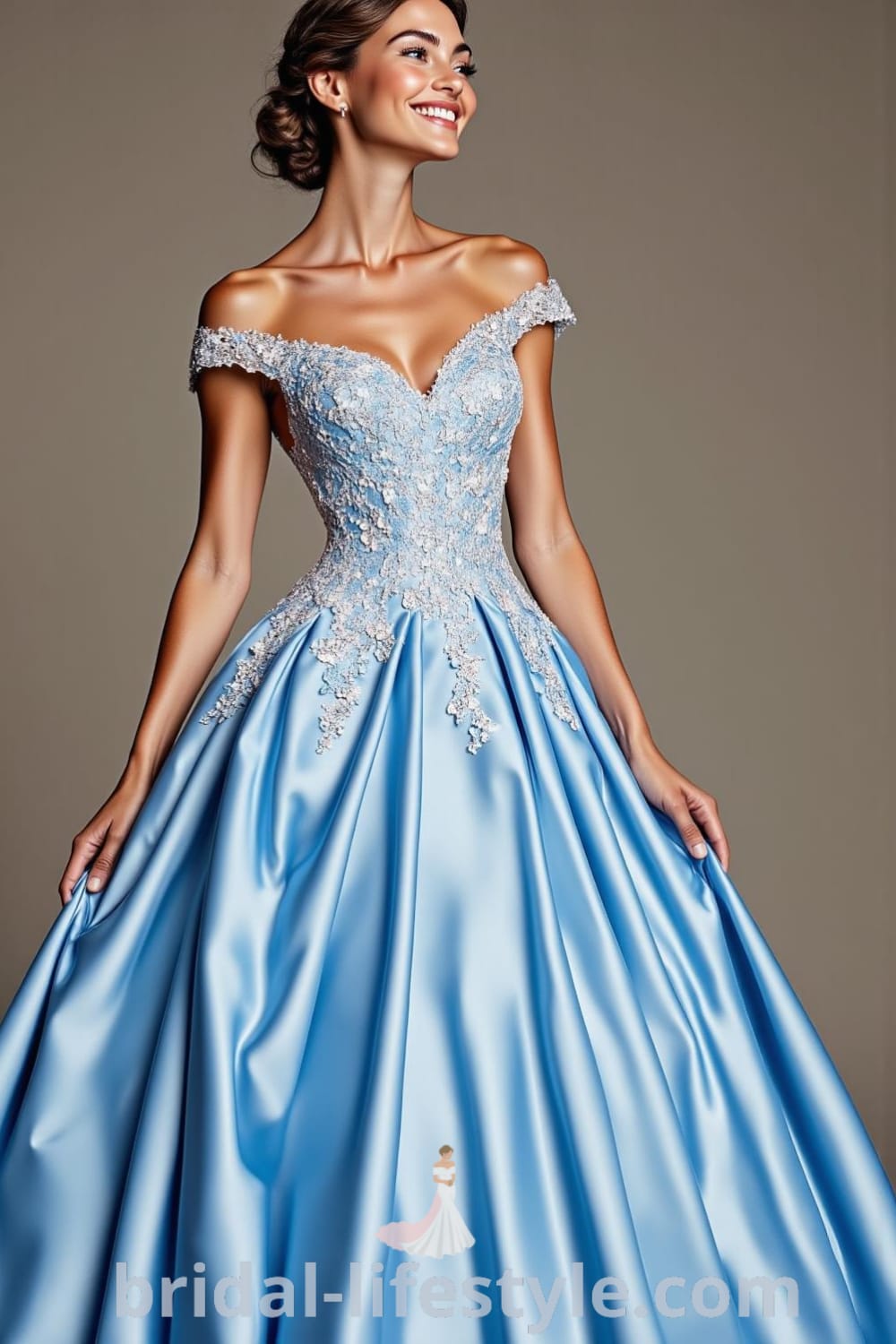 Princess Blue wedding dress with silk satin fabric, ball gown silhouette, intricate lace appliqués on the bodice, full skirt, and sweetheart neckline. bridal-lifestyle.com
