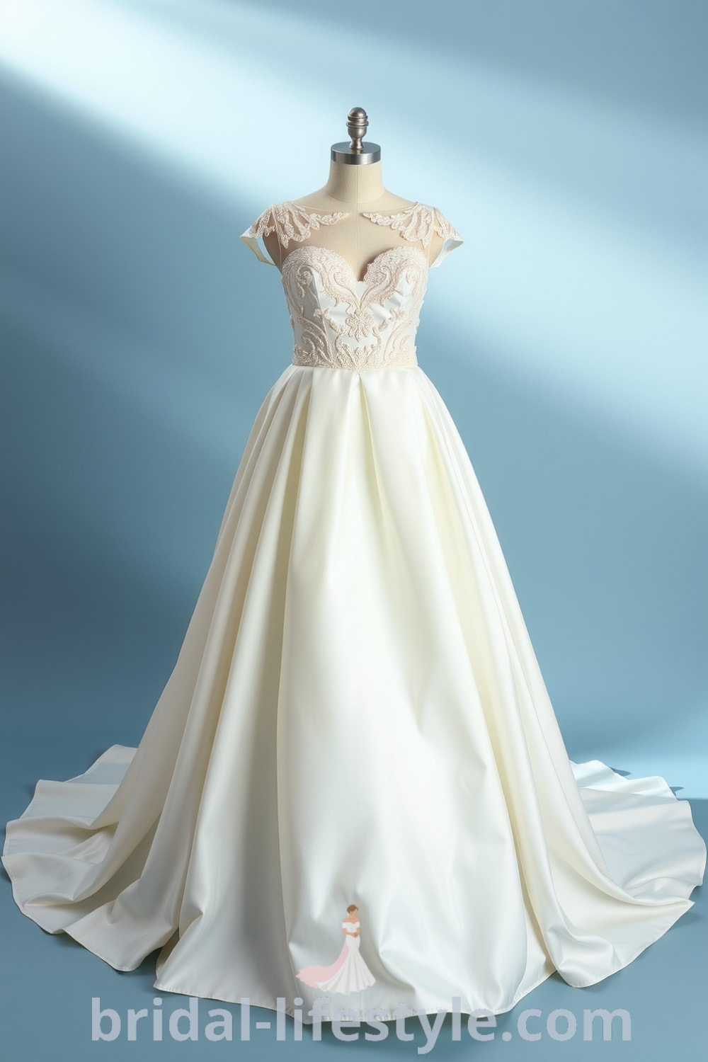 Elegant A-line wedding dress in soft satin with embroidered bodice, flowing skirt, lace appliqués, and illusion neckline. bridal-lifestyle.com