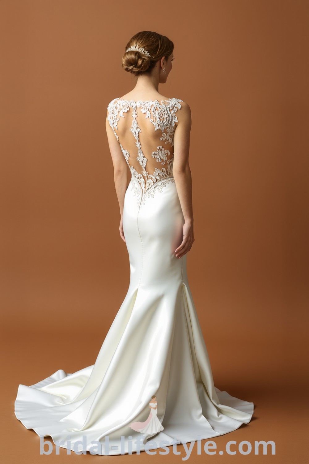 Mermaid wedding dress with luxurious satin fabric, cascading skirt, open back with lace appliqués, combining elegance and allure for dreamy brides. bridal-lifestyle.com