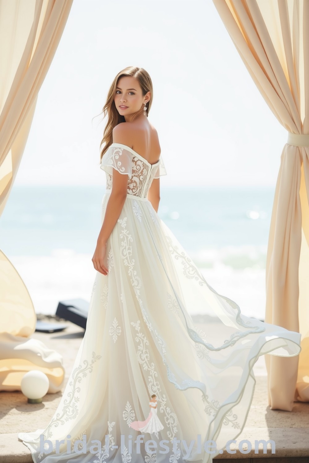 Boho beach wedding dress with intricate lace overlays, flowing chiffon skirt, and off-the-shoulder sleeves, ideal for a sunlit ceremony. bridal-lifestyle.com