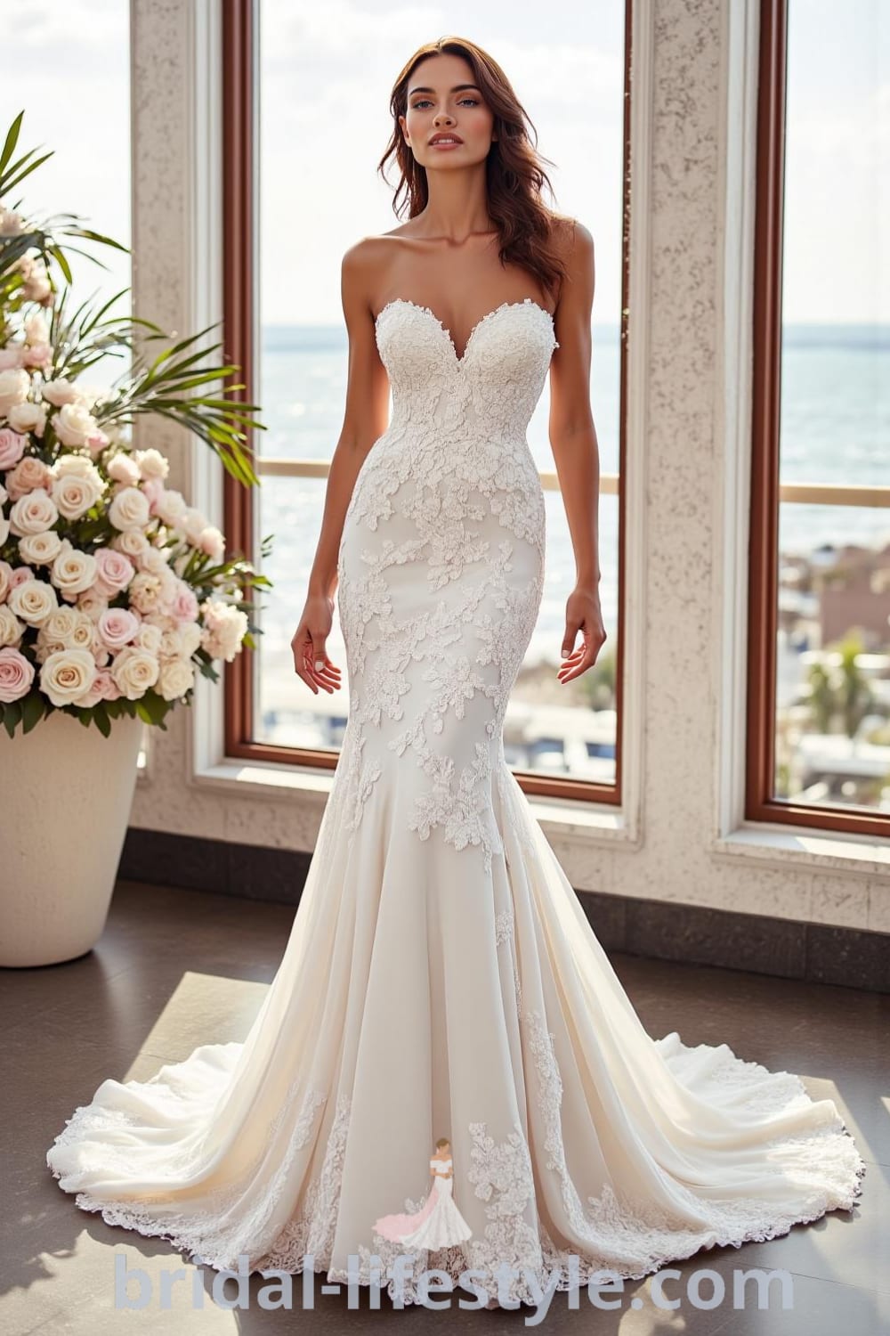 Mermaid wedding dress with strapless bodice, intricate floral lace appliqués, shimmering sequins, and a dramatic chiffon train. bridal-lifestyle.com