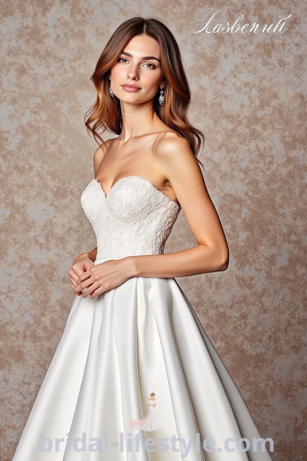 Elegant strapless A-line wedding dress with lace appliqués on the bodice, soft satin skirt, and subtle train, showcasing a sweetheart neckline. bridal-lifestyle.com