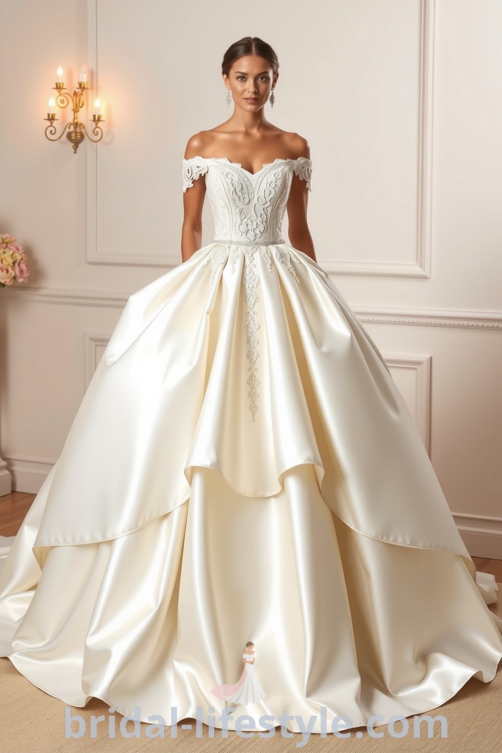 Enchanting satin princess ballgown with off-the-shoulder lace bodice and voluminous skirt, representing elegance and fairytale romance for dreamy brides. bridal-lifestyle.com