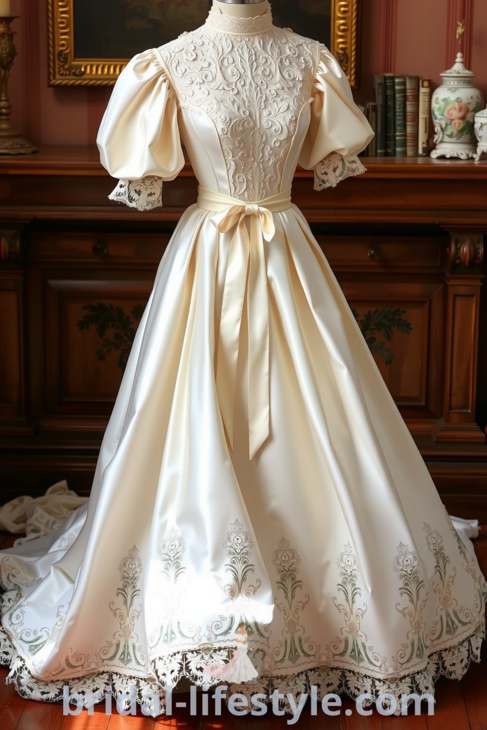 Vintage Victorian wedding dress featuring layers of ivory satin and intricate lace, high lace neckline, puffed sleeves, and a cinched waist with silk ribbon. Full skirt with embroidered floral patterns. bridal-lifestyle.com