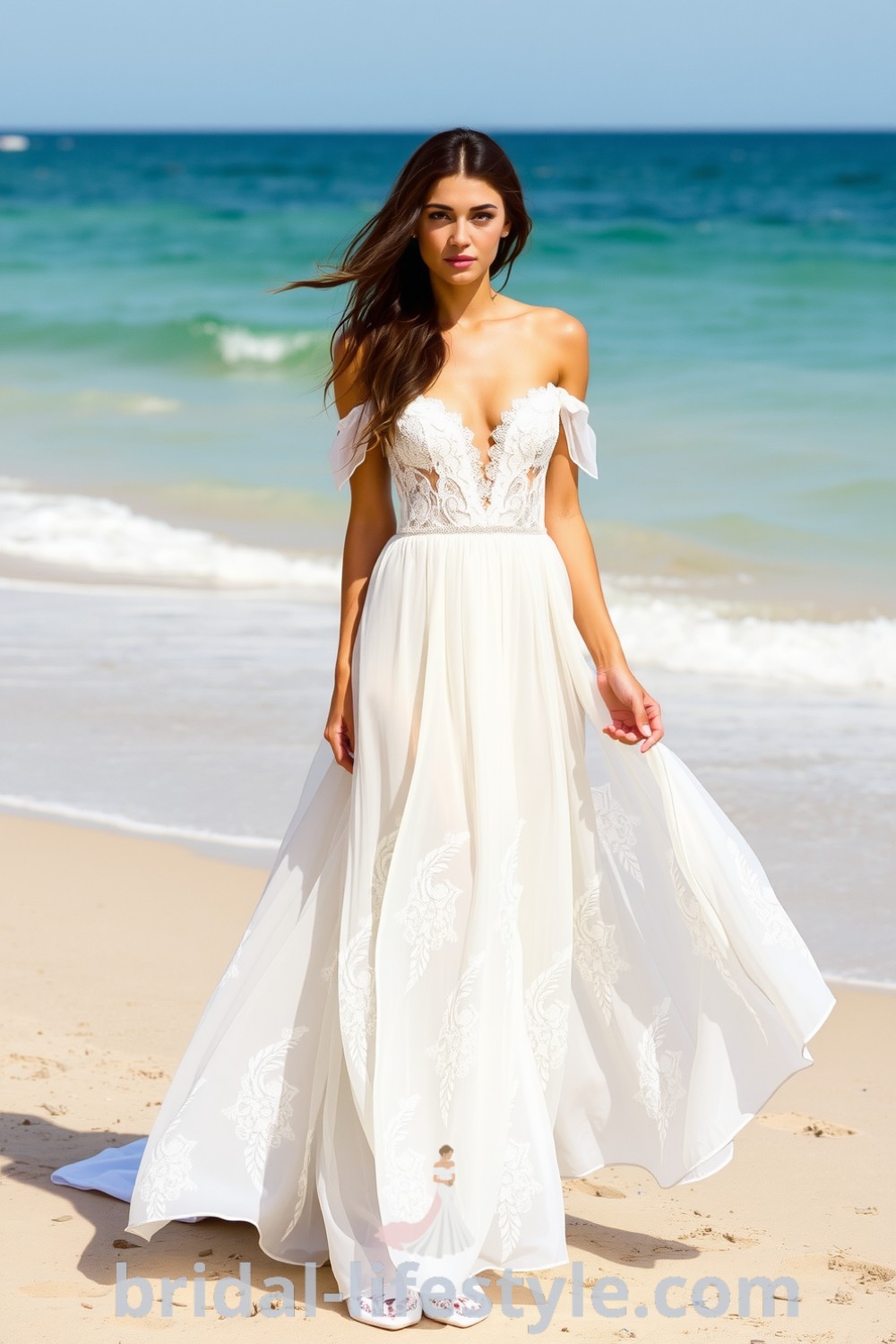 Boho beach wedding dress featuring airy lace, off-the-shoulder neckline, floral appliqués, and a flowing skirt, perfect for a romantic seaside celebration. bridal-lifestyle.com