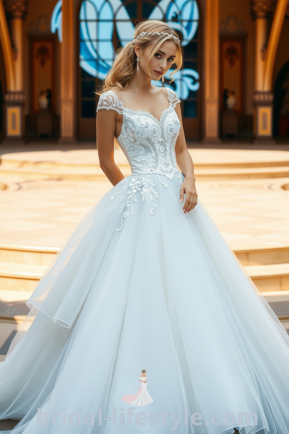 Enchanting princess wedding dress in white, crafted from tulle and satin with lace appliqués, full twinkling skirt, sweetheart neckline, and cap sleeves, ideal for dreamy brides seeking elegant designs. bridal-lifestyle.com