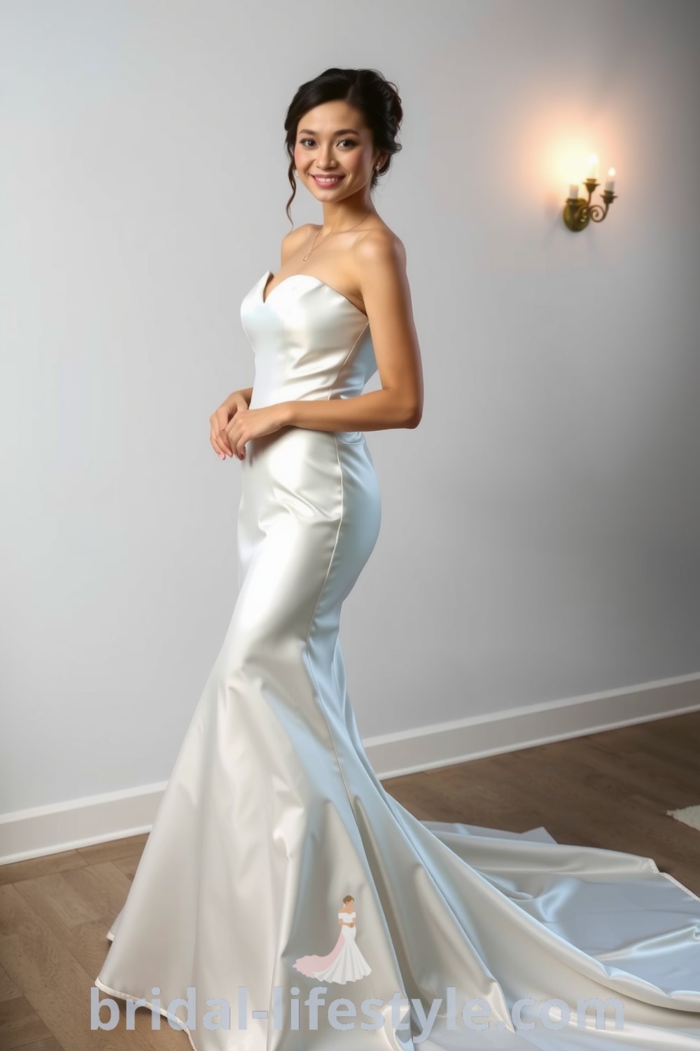 Elegant mermaid satin wedding dress with a sweetheart neckline, hugging silhouette, and a flare below the knee, perfect for every bride