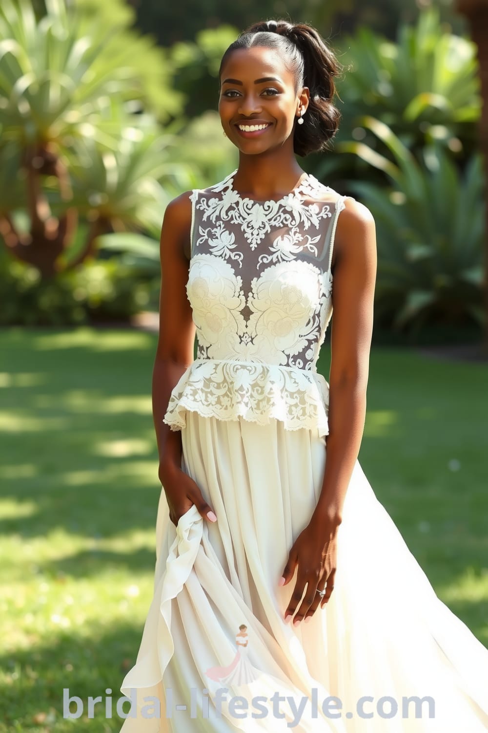 Black bride in a boho two-piece dress featuring a lace crop top with floral embroidery and an ethereal chiffon skirt. bridal-lifestyle.com