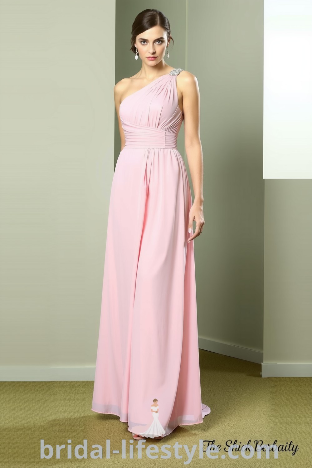 One-shoulder pink bridesmaid dress made of soft chiffon, featuring a flowing silhouette, pleated bodice, and subtle beadwork, radiating elegance for every brides unique taste. bridal-lifestyle.com