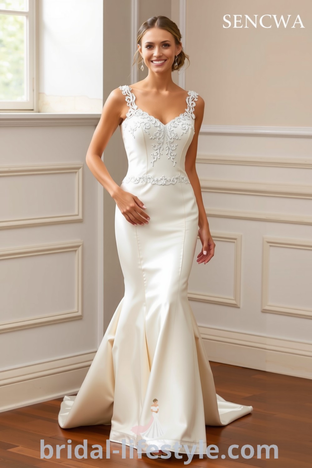 Elegant fit and flare wedding dress with square neckline and lace overlays, made of luxurious satin for a graceful silhouette, perfect for dreamy brides on their special day. bridal-lifestyle.com