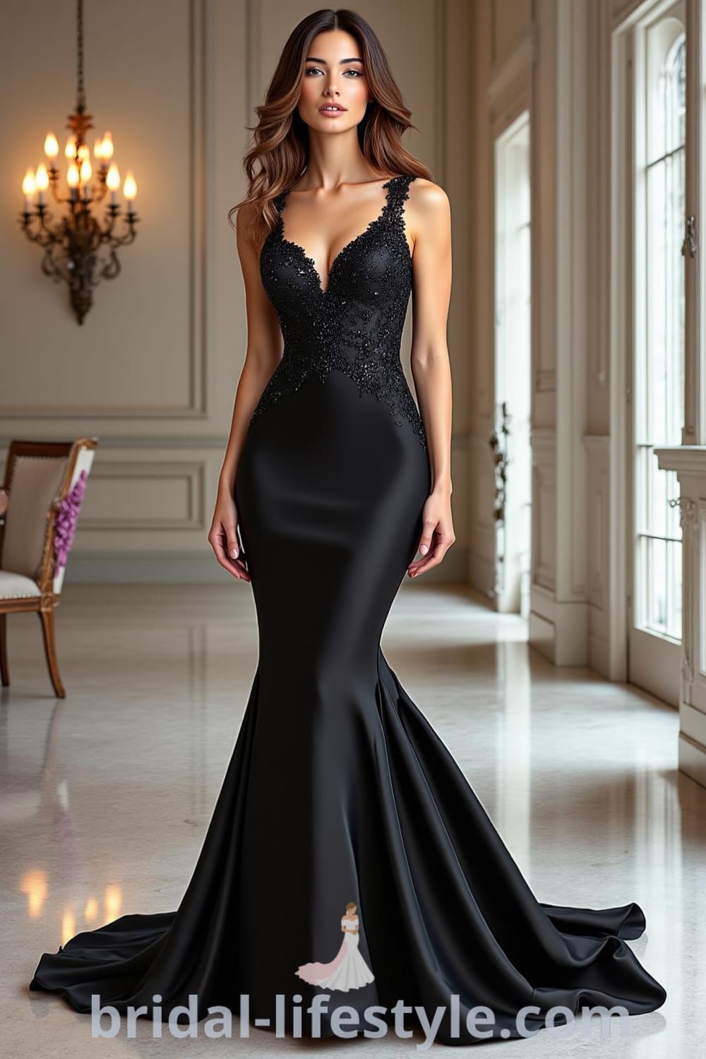 Elegant mermaid wedding dress in black satin with intricate lace details, sweetheart neckline, and dramatic train. pinshoesoutfits.com