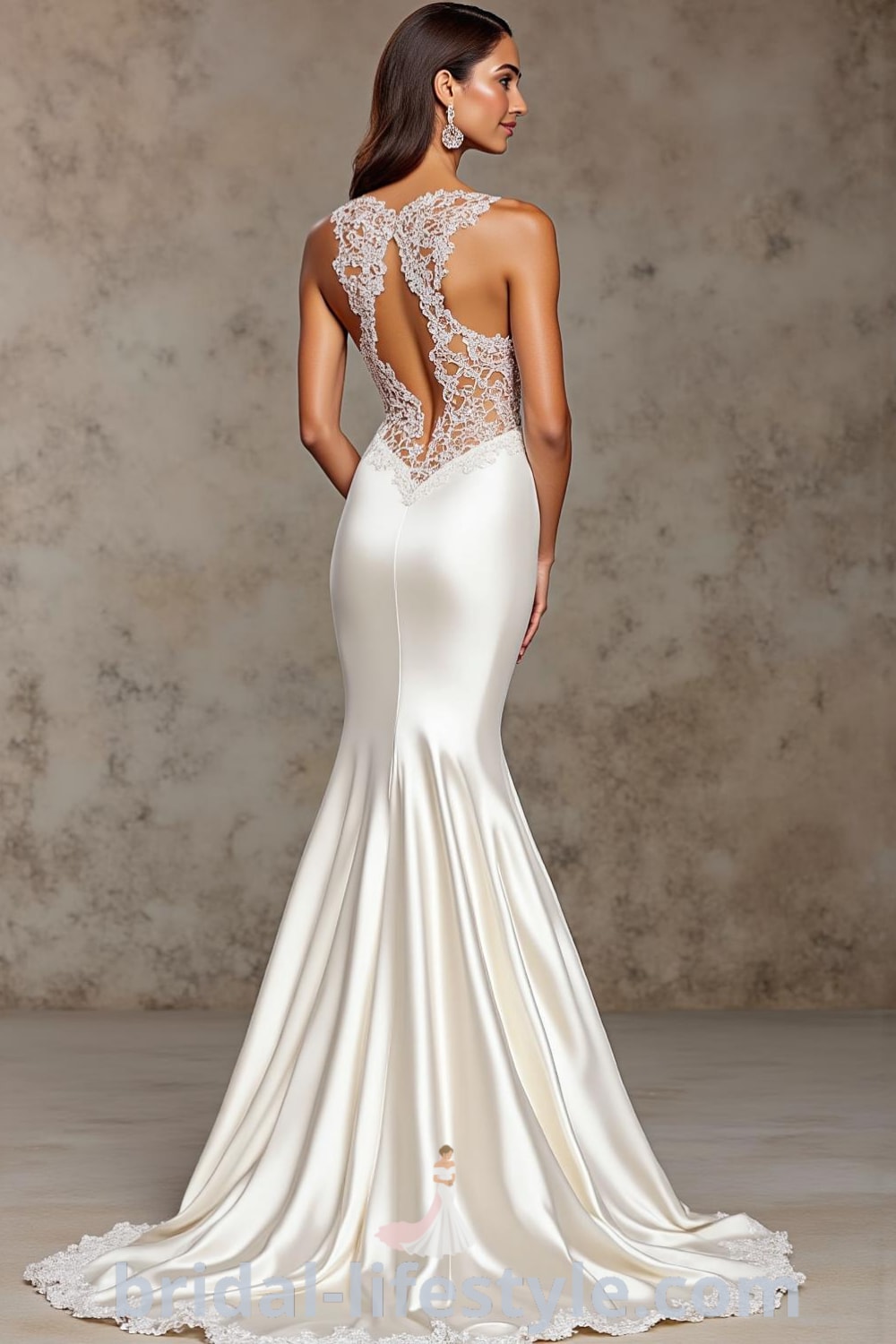 Mermaid wedding dress in luxurious satin with lace appliqués, sweetheart neckline, open back with buttons, and graceful train. bridal-lifestyle.com