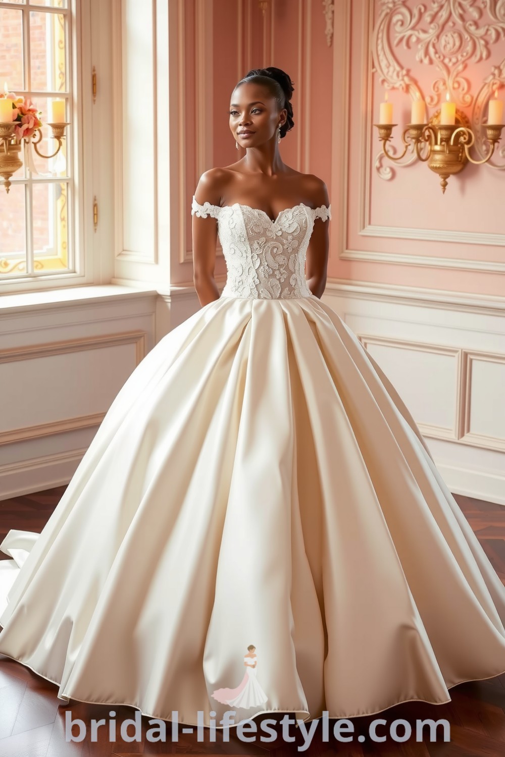 An enchanting princess ballgown featuring luxurious satin, a full skirt, and an off-the-shoulder neckline adorned with lace appliqués, embodying timeless elegance for the special day. bridal-lifestyle.com