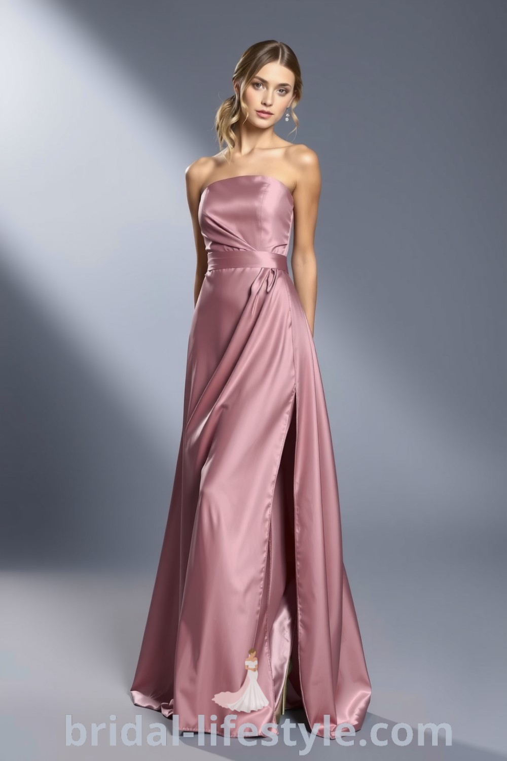 Sleek long satin bridesmaid dress with a daring side slit on bridal-lifestyle.com, featuring elegant design elements and dreamy inspiration looks for every bride