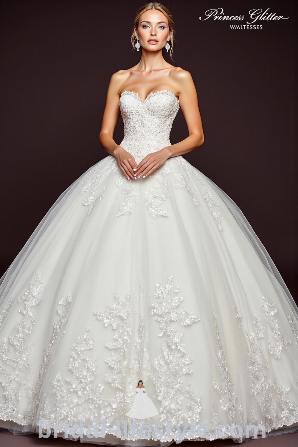 A stunning Princess Glitter wedding dress with a voluminous sequin-embellished skirt, fitted lace bodice, delicate beading, and an illusion neckline, designed for a fairytale-inspired celebration. bridal-lifestyle.com