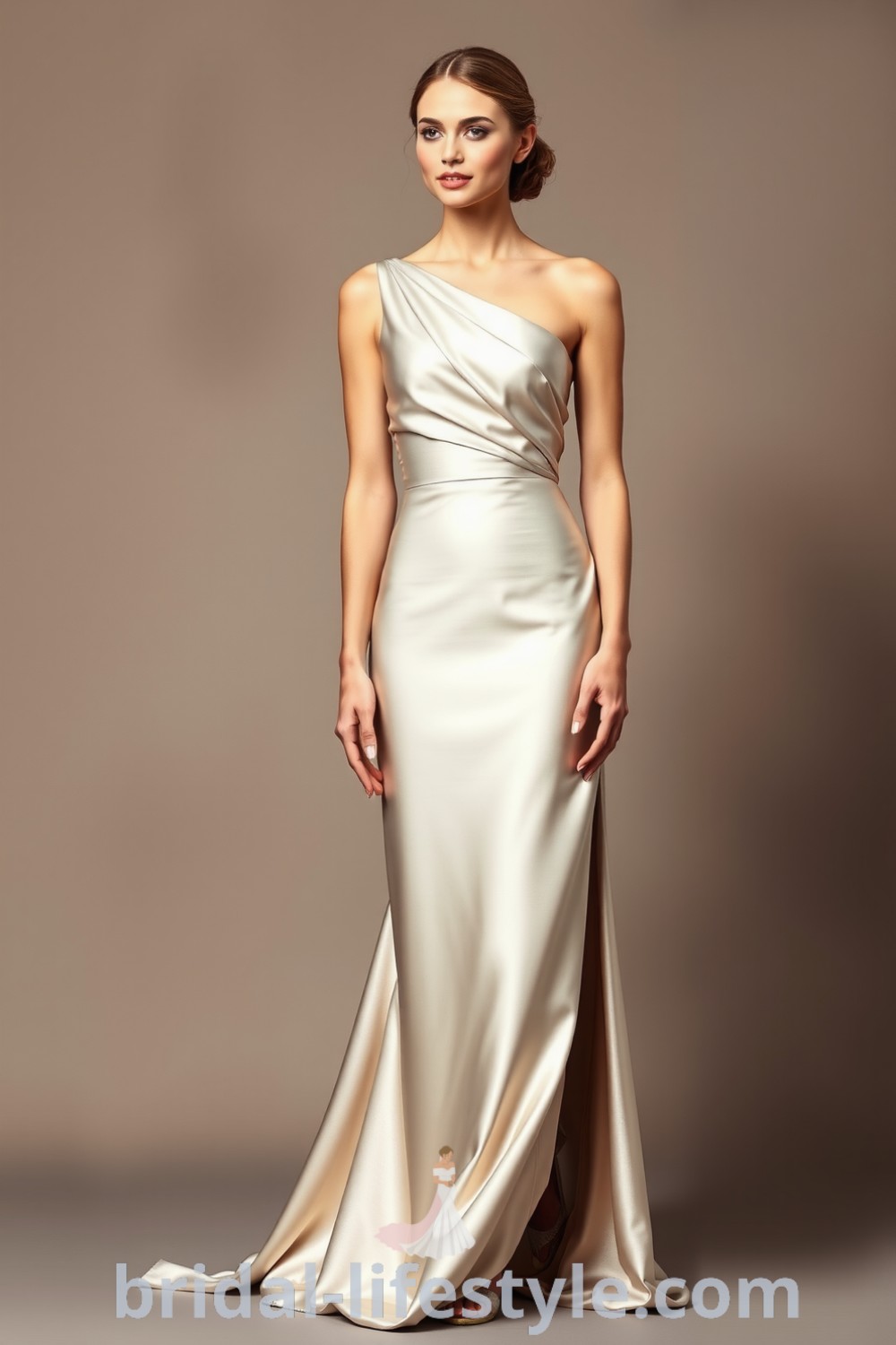 One-shoulder bridesmaid dress with satin bodice and side-slit skirt, featuring delicate trim and flattering silhouette, perfect for elegant weddings. bridal-lifestyle.com
