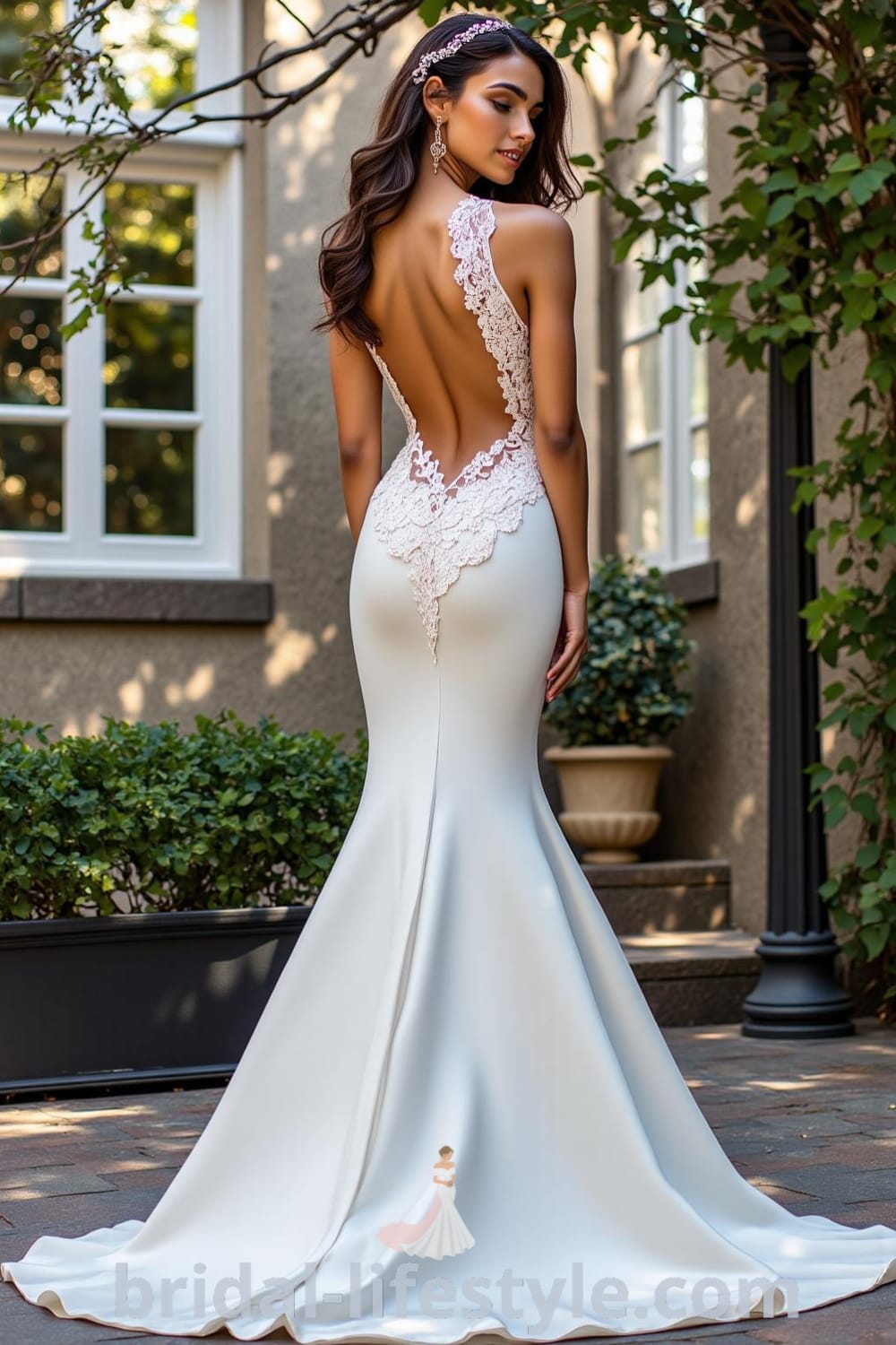 Mermaid wedding dress made of luxurious satin with lace detailing on the open back, featuring a subtle train and delicate appliqués. bridal-lifestyle.com