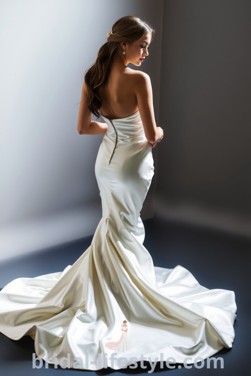 Elegant mermaid wedding dress made of smooth satin with a sweetheart neckline and flared hem, showcasing luxurious design and subtle back detailing, perfect for dreamy brides. bridal-lifestyle.com