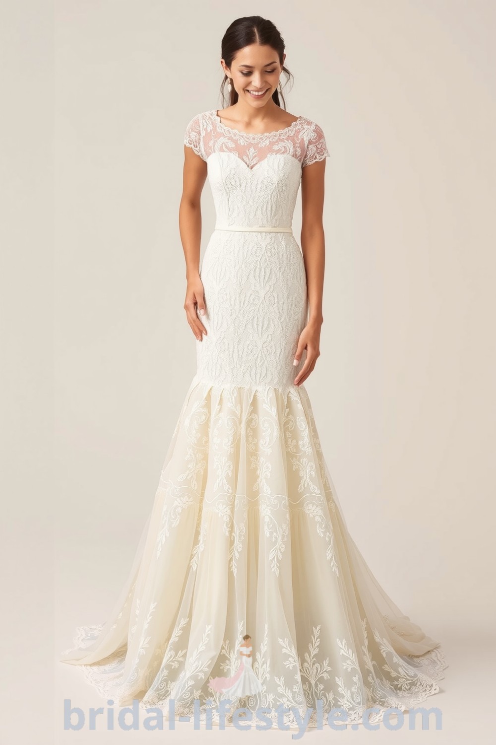 Vintage lace wedding dress with fitted bodice, layered skirt, intricate lace overlays, and scalloped edges. bridal-lifestyle.com