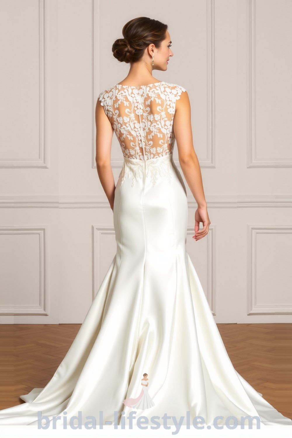 fit and flare wedding dress with lace overlay, open back, delicate embroidery, and satin layers, perfect for a romantic ceremony. bridal-lifestyle.com