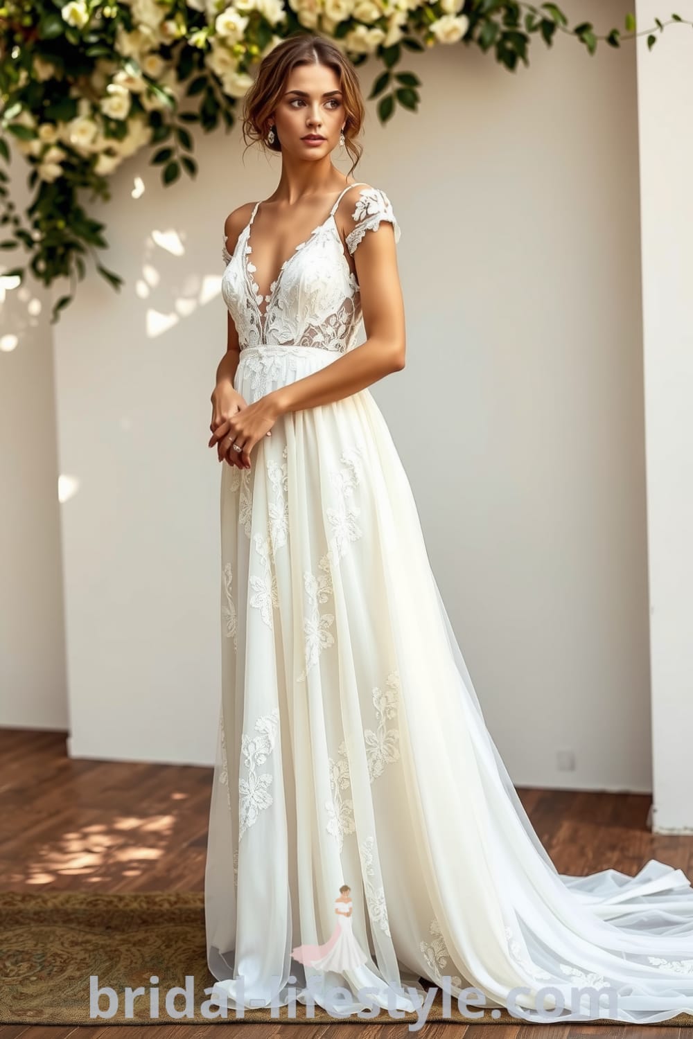 A stunning boho A-line wedding dress made of soft lace and chiffon, featuring floral appliqués and an elegant silhouette. bridal-lifestyle.com