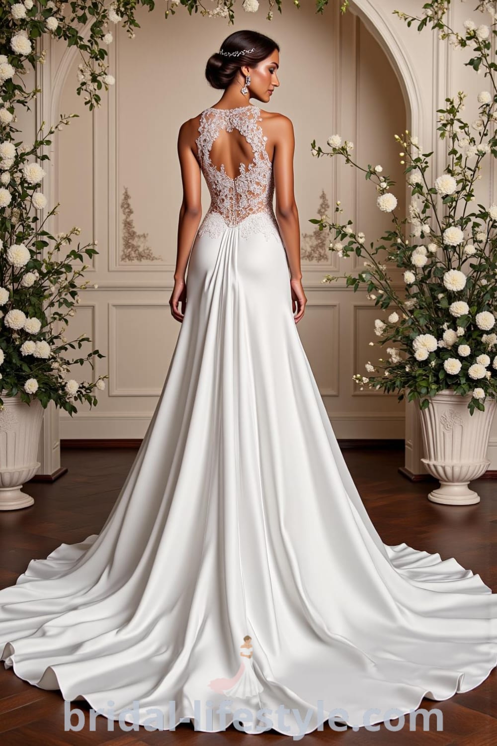 Elegant A-line wedding dress in luxurious satin with a sweetheart neckline, subtle beadwork, and intricate lace panel at the back. bridal-lifestyle.com