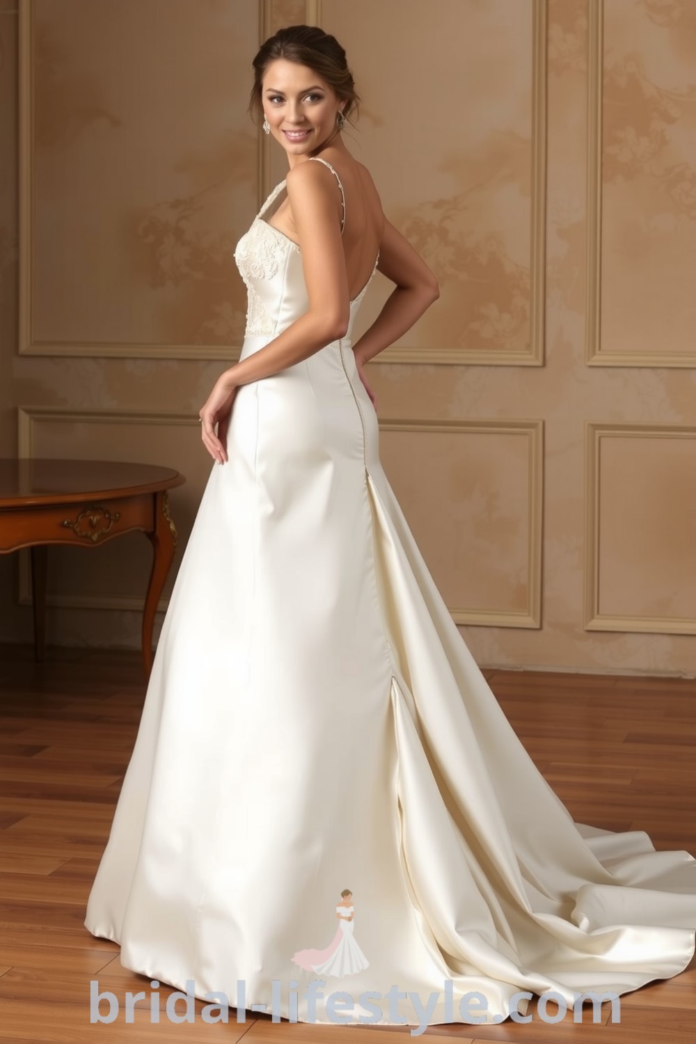 Elegant satin fit and flare wedding dress with lace appliqués, creating a stunning silhouette and reflecting light beautifully for dreamy brides. bridal-lifestyle.com