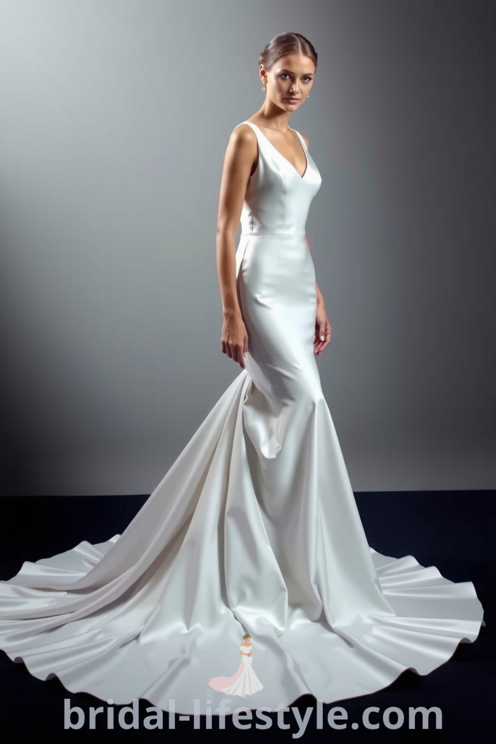 Elegant mermaid wedding dress made of luxurious satin, featuring a sleek silhouette that flares at the knees and a sophisticated train. bridal-lifestyle.com