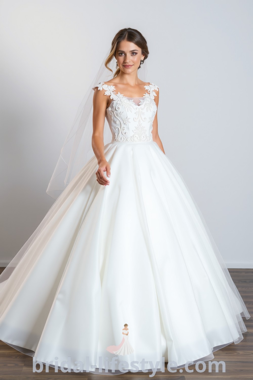 A stunning princess ballgown made of satin and tulle, featuring intricate lace appliqués on the bodice and a full skirt that creates an elegant silhouette, perfect for dreamy brides. bridal-lifestyle.com