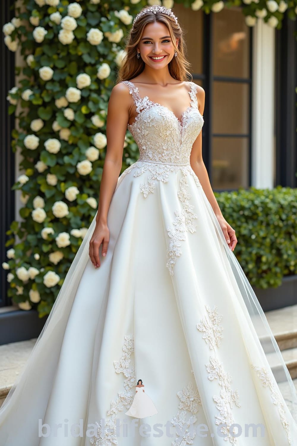Luxurious Princess Classy wedding dress with fitted bodice, intricate beading, satin skirt, tulle overlay, and lace floral appliqués, featuring a subtle train. bridal-lifestyle.com
