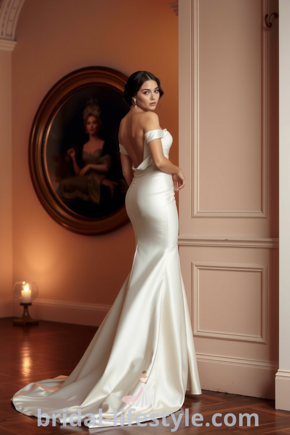 Mermaid wedding dress in luxurious satin with off-the-shoulder neckline, designed to highlight curves and create an elegant silhouette, perfect for dreamy brides. bridal-lifestyle.com