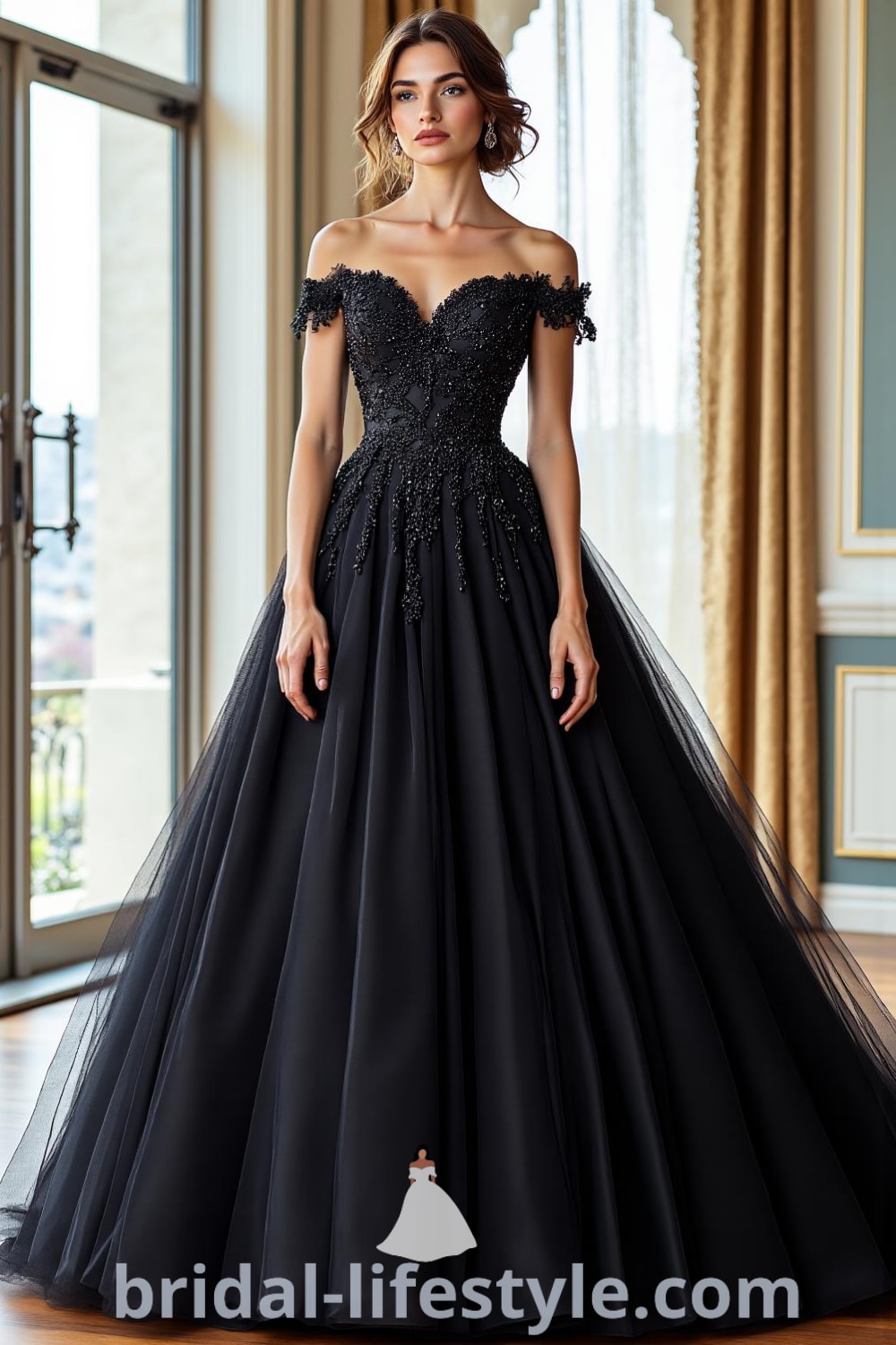 A stunning princess black wedding dress with a fitted lace bodice, layered tulle skirt, and off-the-shoulder neckline, showcasing intricate beadwork. bridal-lifestyle.com