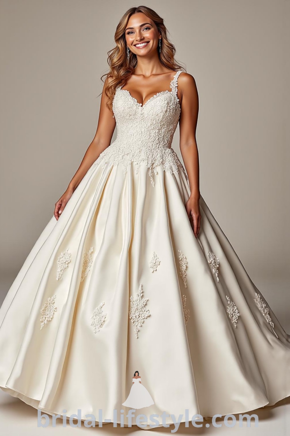 A stunning princess ballgown with intricate lace detailing, a fitted bodice, voluminous satin skirt, and delicate floral appliqués, ideal for a fairytale wedding. bridal-lifestyle.com