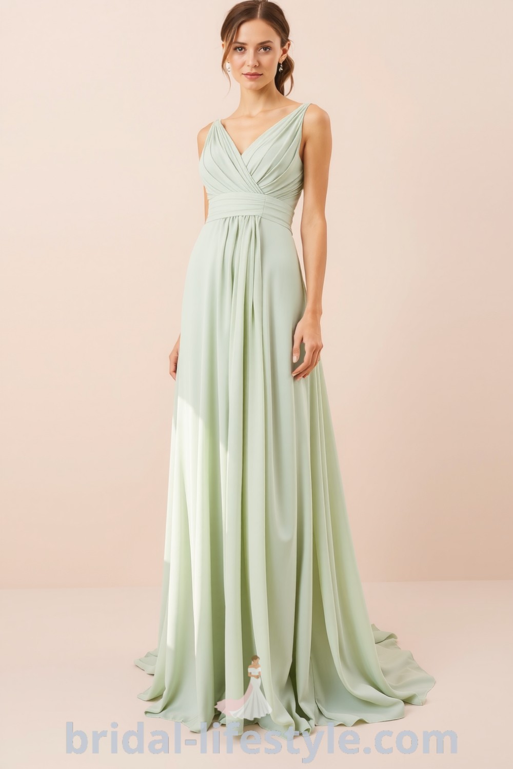 Graceful long chiffon A-line bridesmaid dress on bridal-lifestyle.com featuring soft drapes and elegant pleating, ideal for romantic trends and dreamy dresses of your dream.