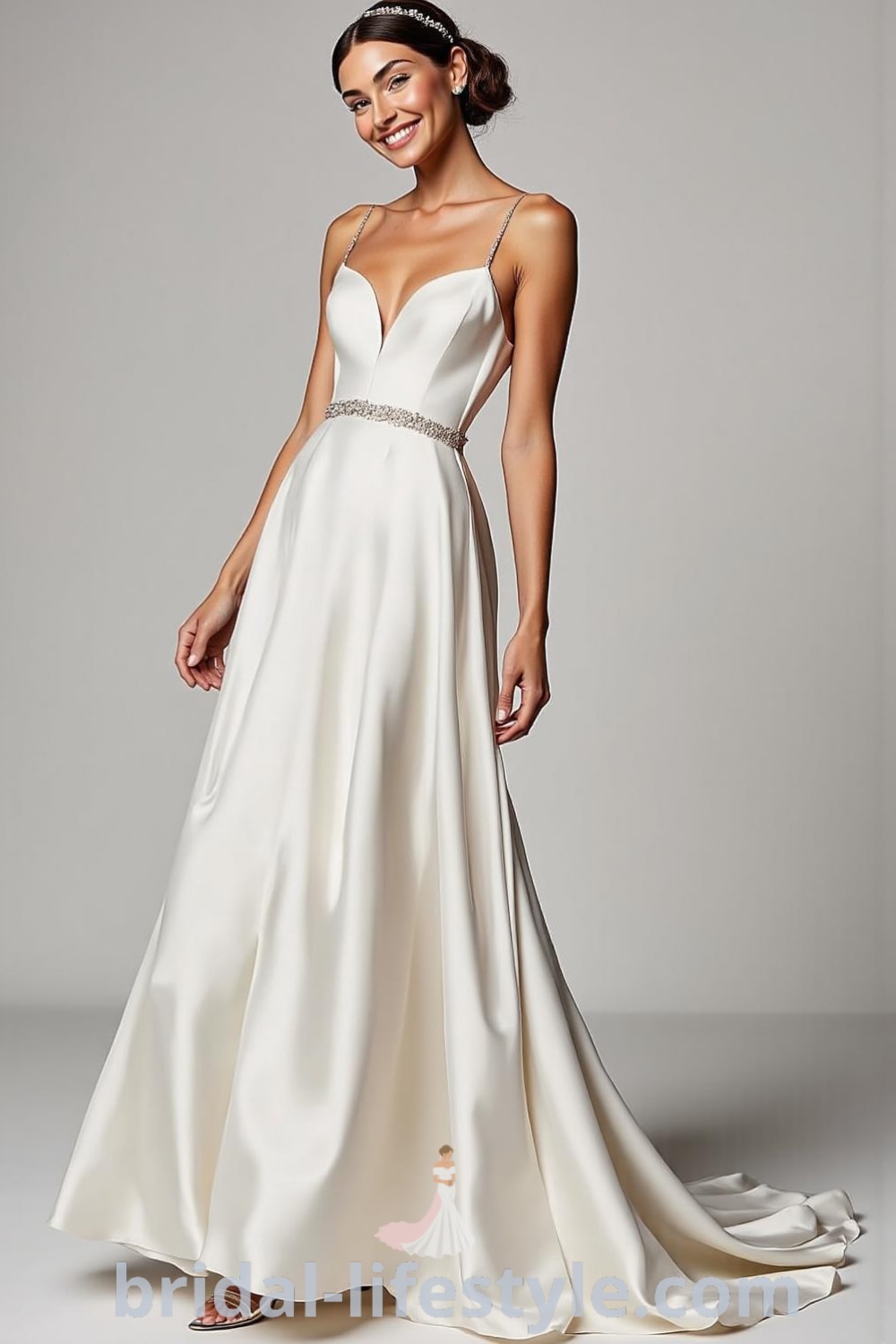 A stunning A-line satin wedding dress featuring a softly structured bodice, billowing skirt, and delicate embellishments along the waist, showcasing elegance and sophistication. bridal-lifestyle.com