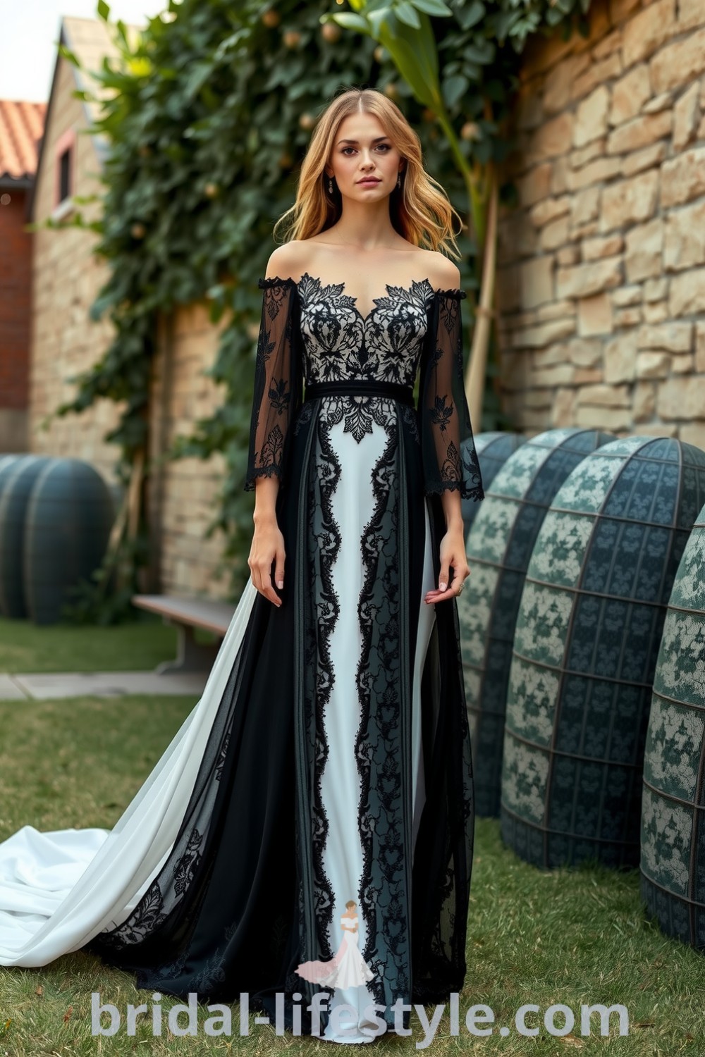 A captivating Boho black wedding dress featuring textured lace overlay and soft satin lining, with delicate floral patterns on an A-line silhouette and flowing sleeves. bridal-lifestyle.com