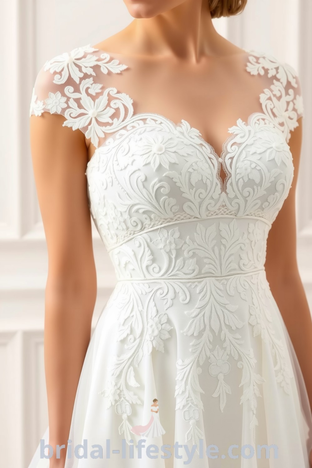 Vintage lace wedding dress with floral overlays, A-line silhouette, cap sleeves, sweetheart neckline, and pearl embellishments. bridal-lifestyle.com