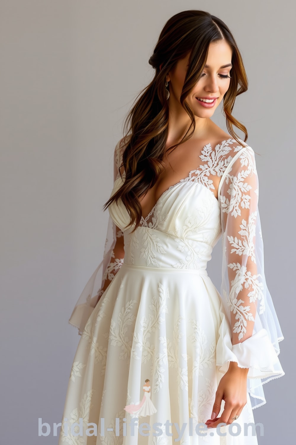 Flowing boho lace wedding dress with floral patterns, sheer sleeves, and a fitted bodice, designed for romantic outdoor ceremonies. bridal-lifestyle.com