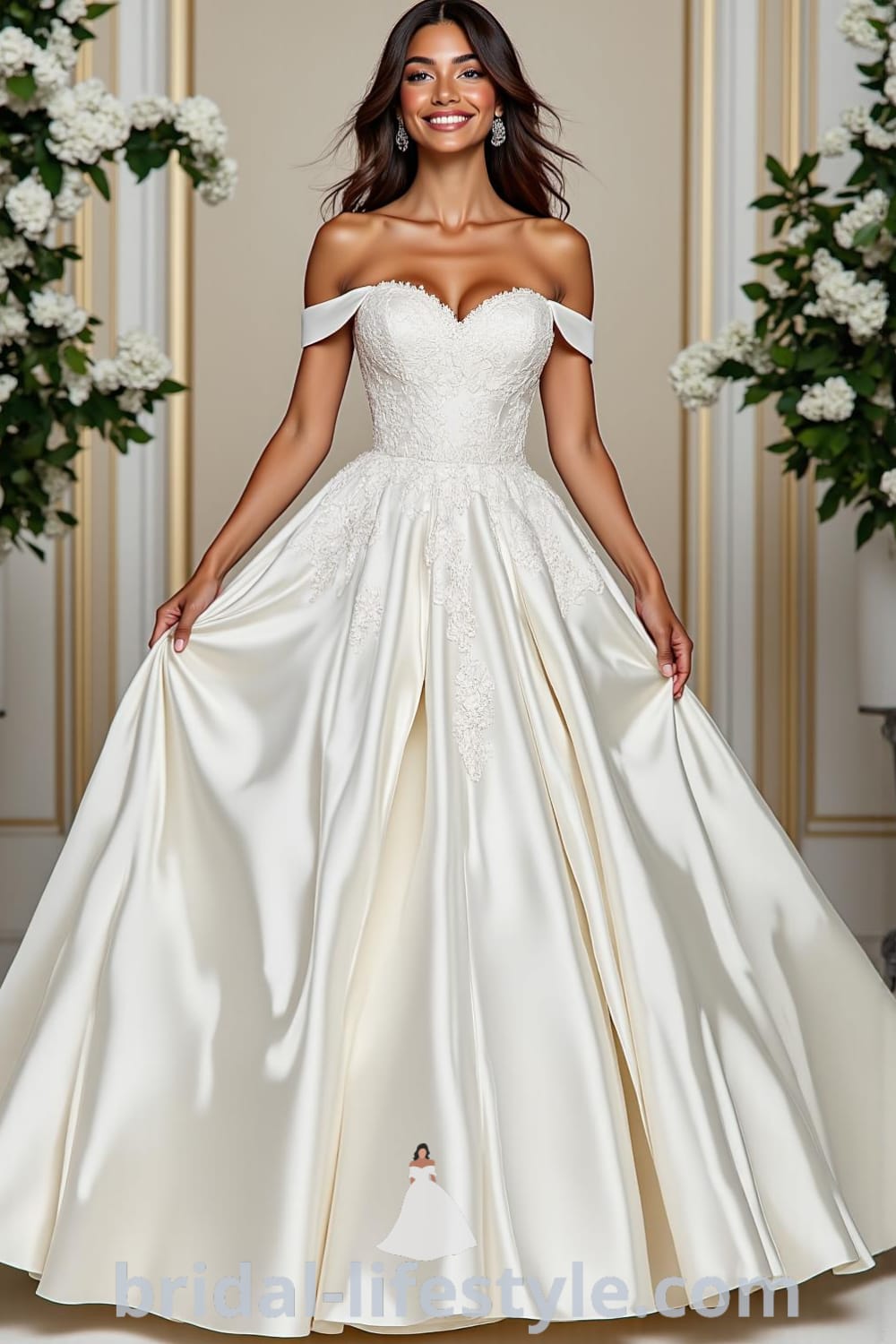 A gorgeous princess ballgown made of luxurious satin with a voluminous skirt, a fitted bodice featuring intricate lace appliqués, and delicate off-the-shoulder sleeves. bridal-lifestyle.com