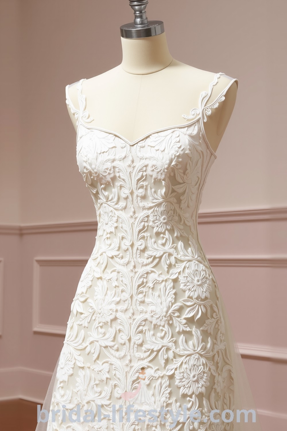 Fit and flare wedding dress made of luxurious lace with floral patterns, featuring a square neckline, sheer straps, and a gracefully flaring skirt, ideal for dreamy brides. bridal-lifestyle.com