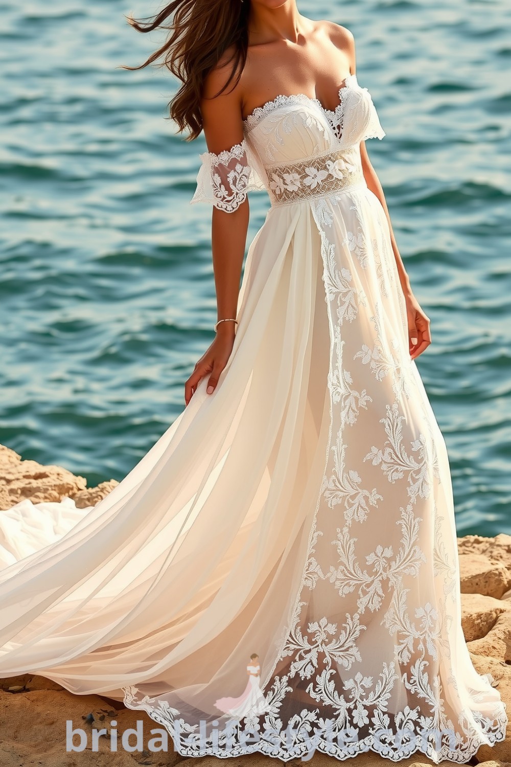 Boho beach wedding dress with off-the-shoulder neckline, delicate bell sleeves, cascading skirt, and floral appliqués, showcasing a romantic and dreamy aesthetic ideal for seaside ceremonies. bridal-lifestyle.com
