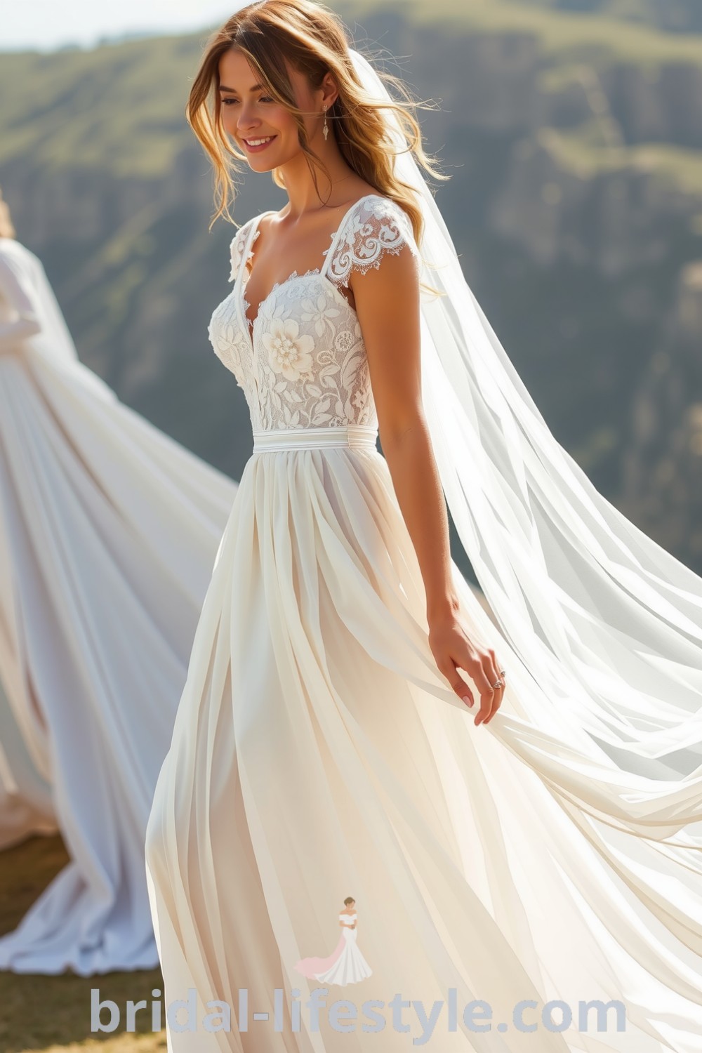 Romantic boho wedding dress featuring delicate cap sleeves, ethereal lace, and flowing chiffon skirt with intricate floral appliqués, perfect for dreamy brides seeking elegance. bridal-lifestyle.com
