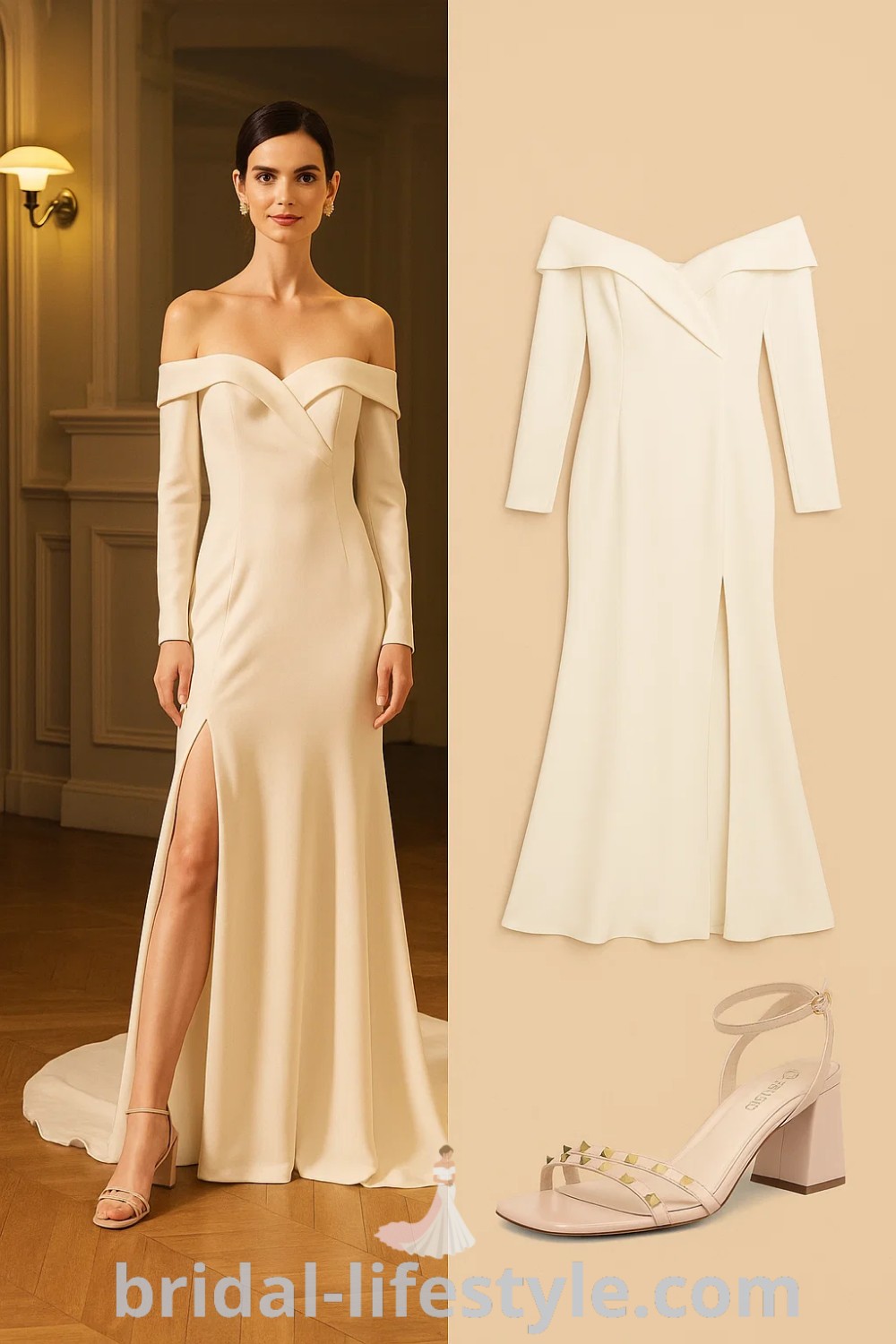 ivory mermaid simple wedding dress with high slit, off-shoulder design, paired with light beige strappy heeled sandals and silver stud earrings for a refined look; ideal for weddings and formal events at pinshoesoutfits.com.