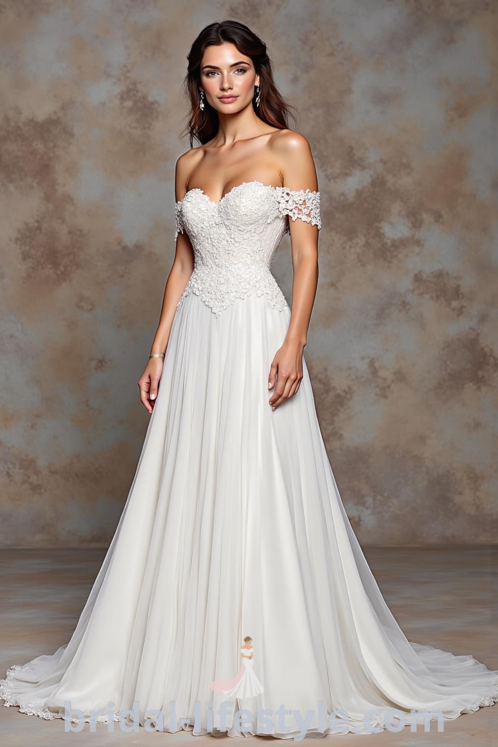A-line wedding dress with delicate lace overlay and satin lining, featuring a sweetheart neckline, gathered skirt, tasteful train, and floral appliqués on the bodice. bridal-lifestyle.com