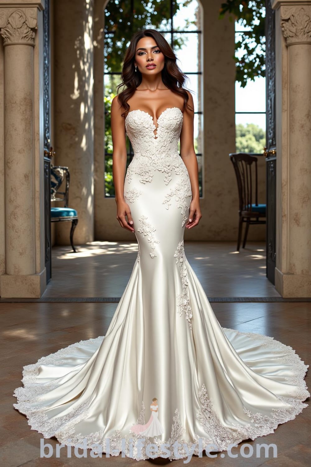 Mermaid wedding dress for a Latina bride made from luxurious satin with lace details from the sweetheart neckline to the flared hem and floral appliqués, featuring a sweeping train. bridal-lifestyle.com
