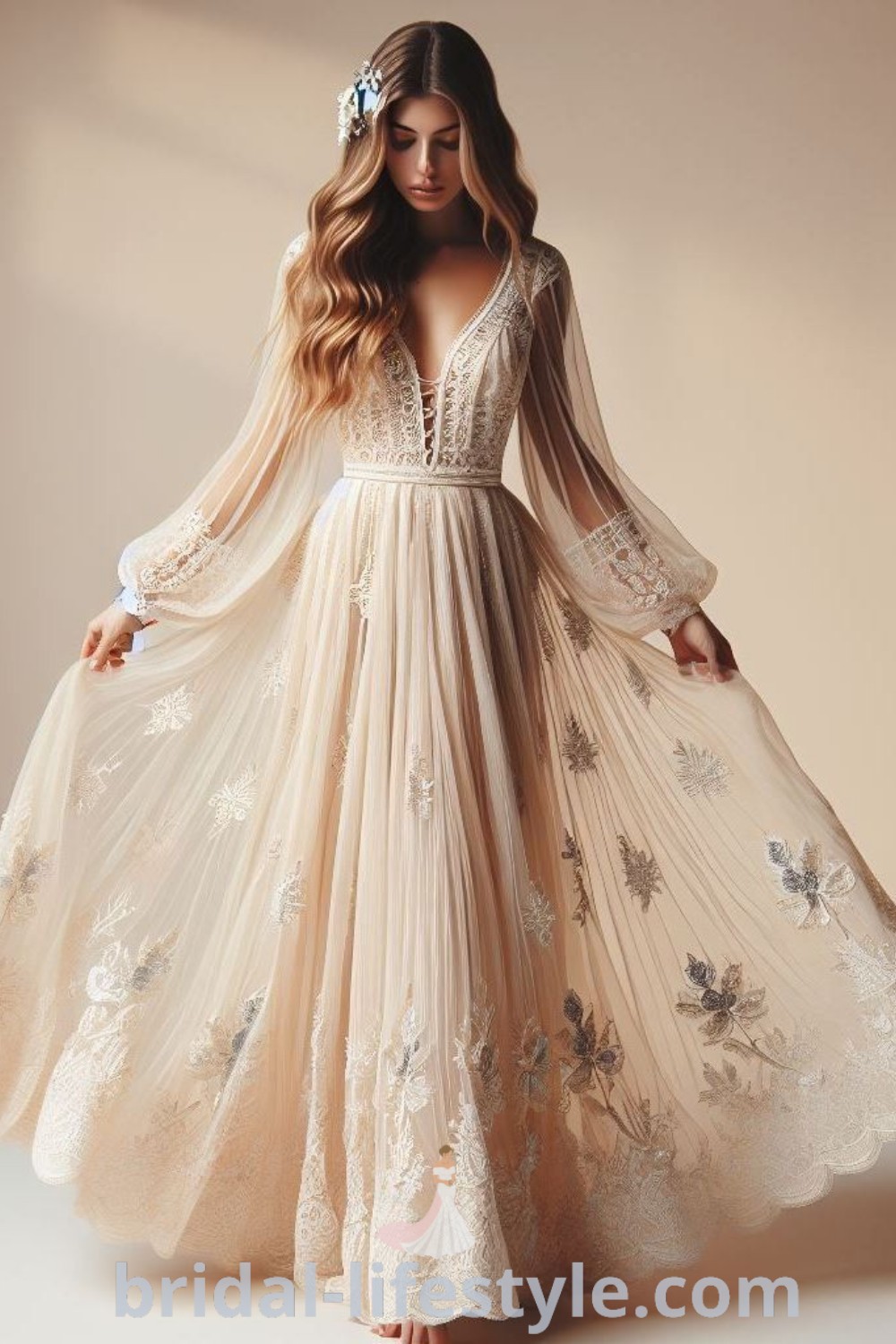 An elegant boho wedding dress with lace vintage details, perfect for bohemian brides seeking a dreamy aesthetic. This dress embodies wedding trends and unique tastes, making it an ideal choice for the special day. Discover more styles at bridal-lifestyle.com.