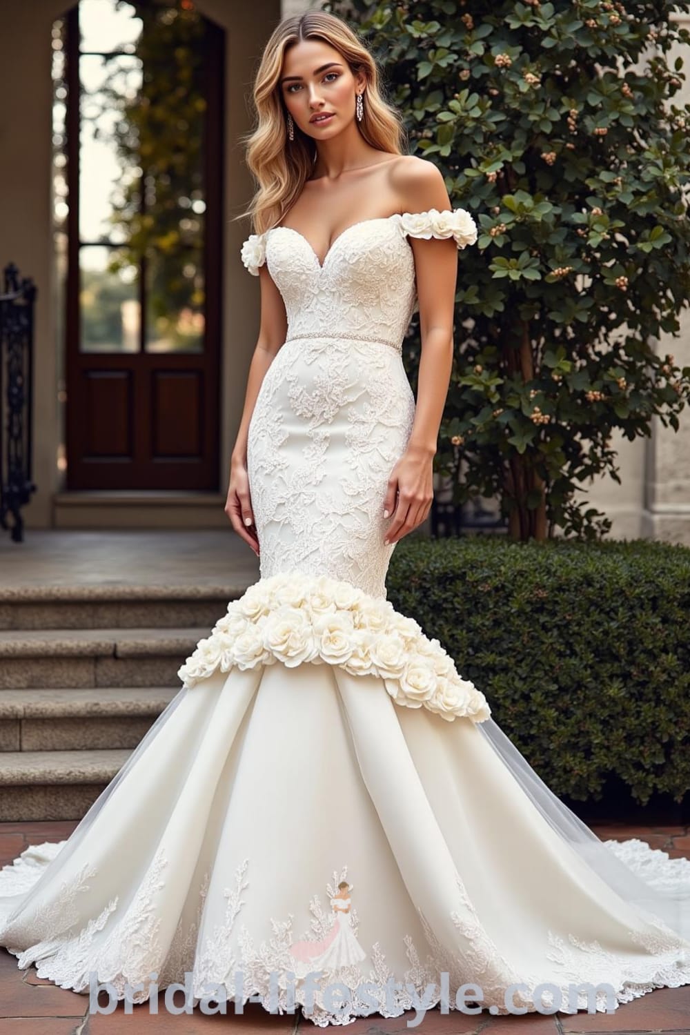 Mermaid wedding dress with intricate lace, fitted satin base, sweetheart neckline, and a dramatic train, adorned with shimmering embellishments. bridal-lifestyle.com